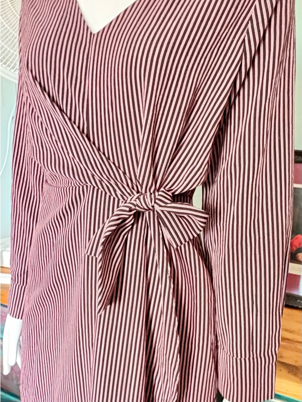 Lumiere Burgundy Red, Black and White Striped Long Sleeve Mini faux Wrap Dress